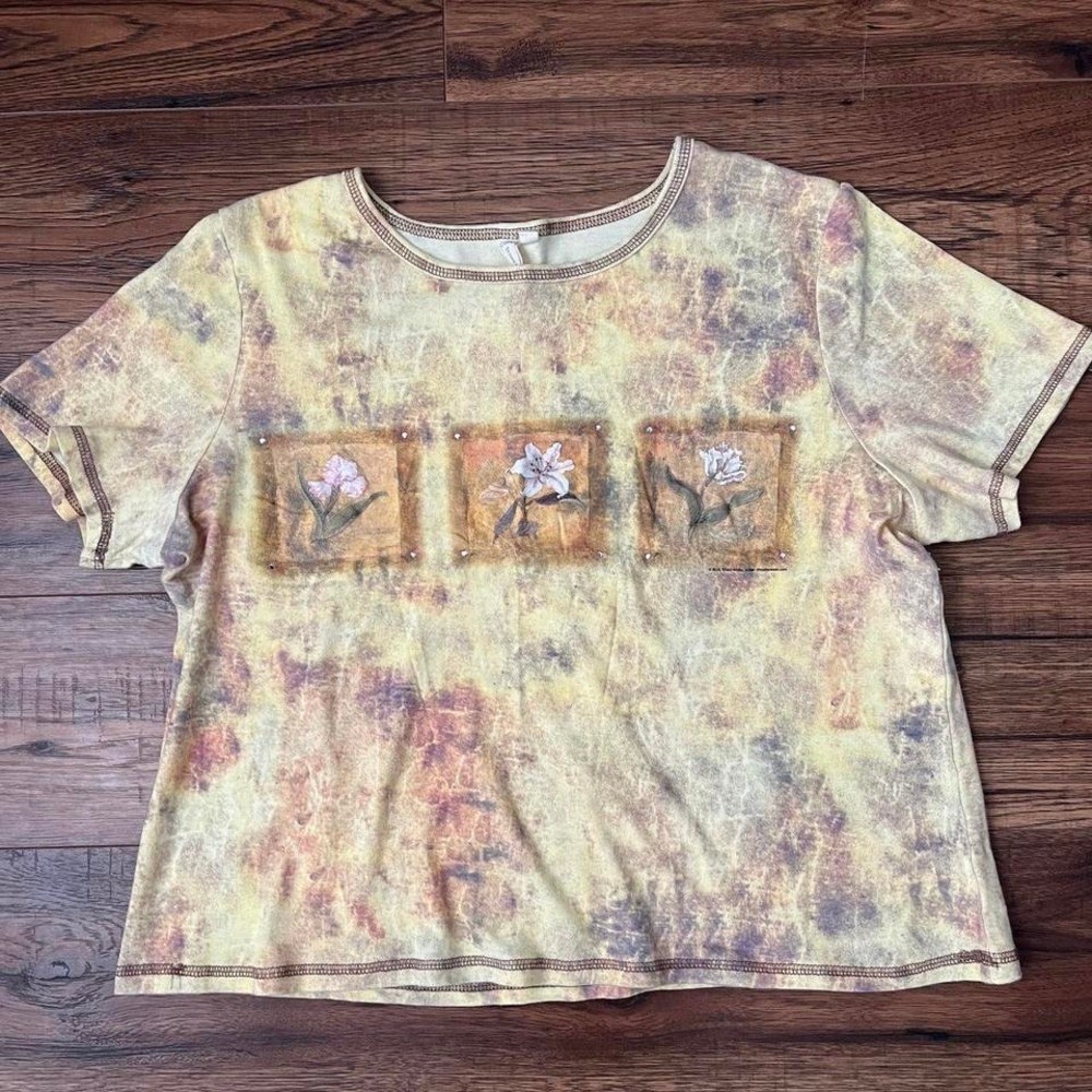Vintage‎ Y2K Floral Art Tee Rhinestone Detail Earth Tone Tie Dye Top Women Large